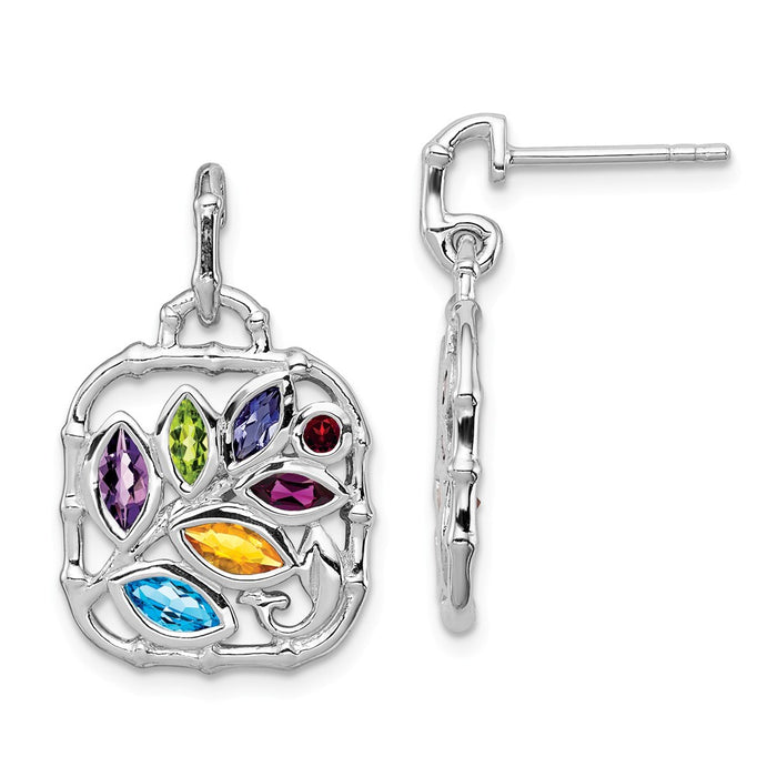 925 Sterling Silver Rhodium-plated Multi Gemstone Post Dangle Earrings, 26mm x 16mm