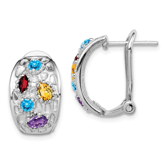 Million Charms 925 Sterling Silver Rhodium-plated Amethyst/Blue Topaz/Garnet/Citrine Omega Back Earrings, 18mm x 12mm