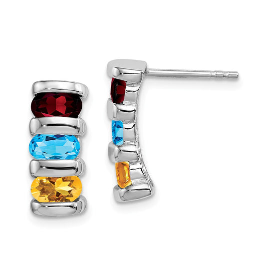 925 Sterling Silver Rhodium-plated with Garnet, Blue Topaz & Citrine Post Earrings,