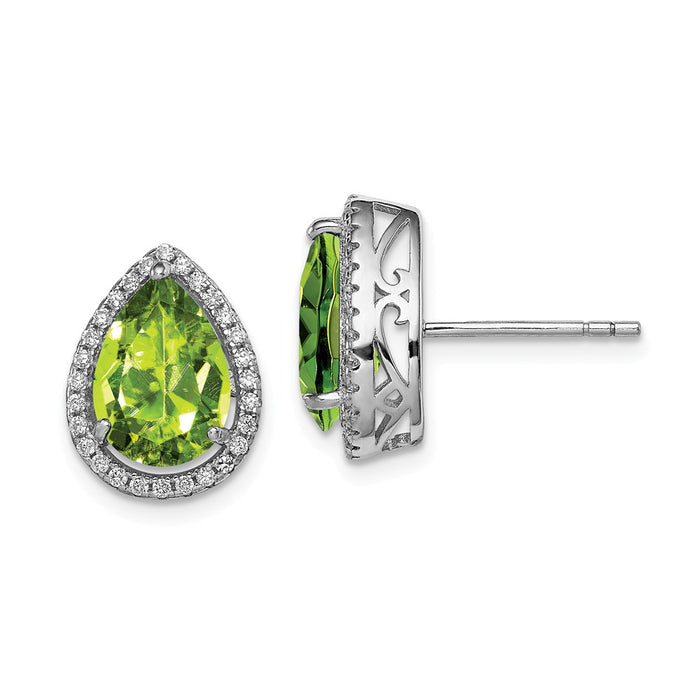 925 Sterling Silver Rhodium Polished Simulated Peridot & Cubic Zirconia ( CZ ) Post Earrings, 14mm x 11mm