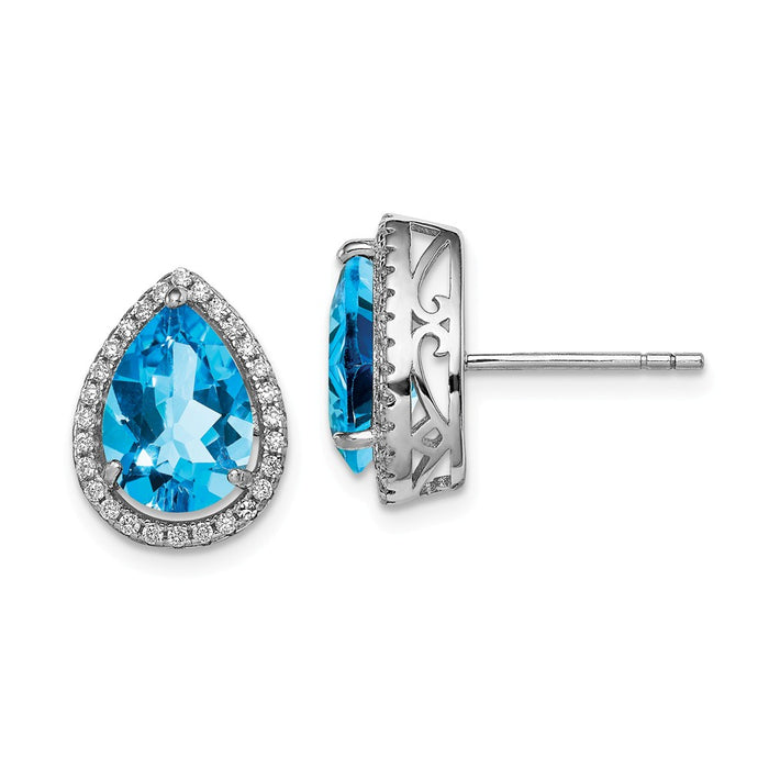 925 Sterling Silver Rhodium Polished Blue Topaz & Cubic Zirconia ( CZ ) Post Earrings, 14mm x 11mm