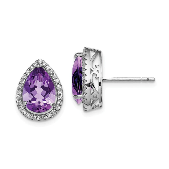 925 Sterling Silver Rhodium Polished Amethyst & Cubic Zirconia ( CZ ) Post Earrings, 14mm x 11mm