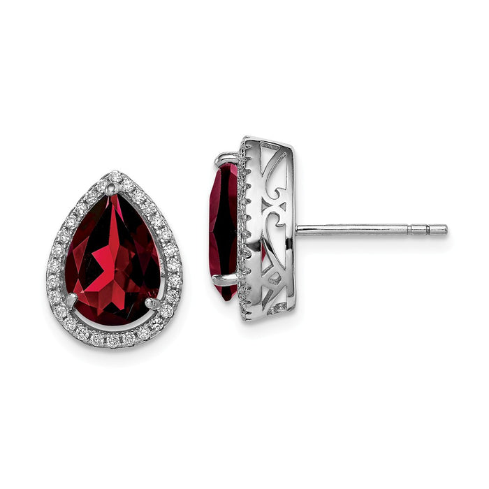 925 Sterling Silver Rhodium Polished Garnet & Cubic Zirconia ( CZ ) Post Earrings, 14mm x 11mm