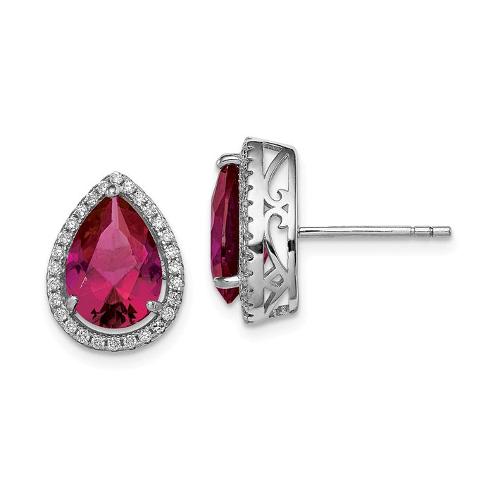 925 Sterling Silver Rhodium Polished Created Ruby & Cubic Zirconia ( CZ ) Post Earrings, 14mm x 11mm