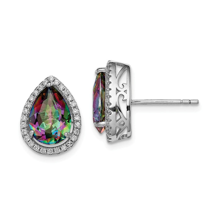 925 Sterling Silver Rhodium Polished Mystic Topaz & Cubic Zirconia ( CZ ) Post Earrings, 14mm x 11mm