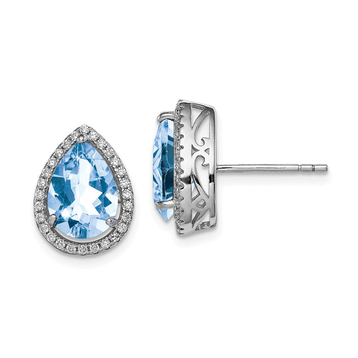 925 Sterling Silver Rhodium Created Aquamarine & Cubic Zirconia ( CZ ) Post Earrings, 14mm x 11mm