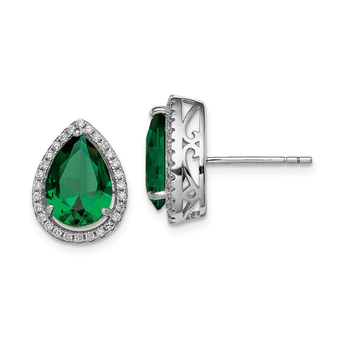 925 Sterling Silver Rhodium Simulated Emerald & Cubic Zirconia ( CZ ) Post Earrings, 14mm x 11mm