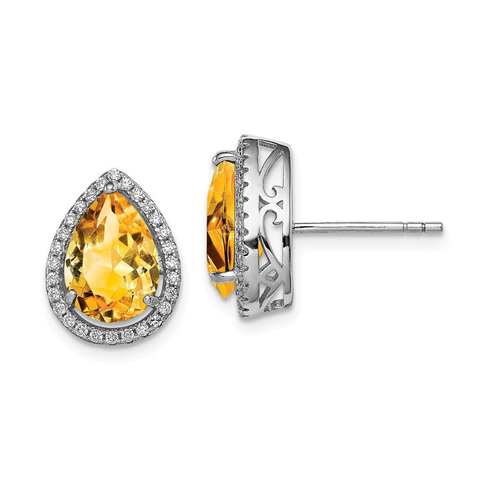 925 Sterling Silver Rhodium Polished Citrine & Cubic Zirconia ( CZ ) Post Earrings, 14mm x 11mm