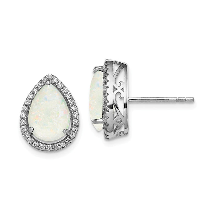 925 Sterling Silver Rhodium Polished Simulated Opal & Cubic Zirconia ( CZ ) Post Earrings, 14mm x 11mm