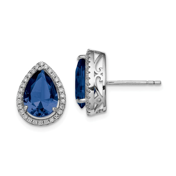 925 Sterling Silver Rhodium Created Sapphire & Cubic Zirconia ( CZ ) Post Earrings, 14mm x 11mm