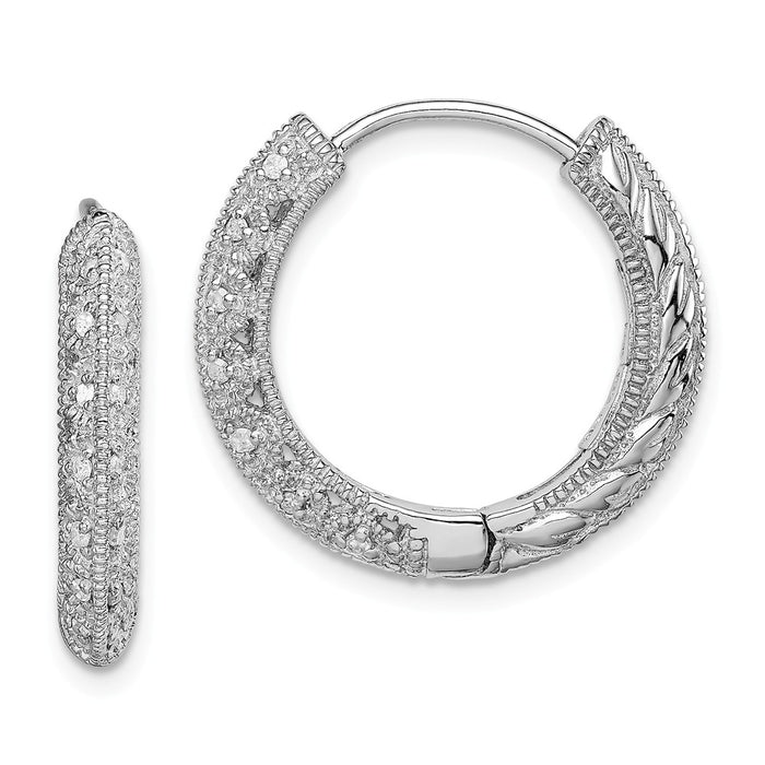 925 Sterling Silver Rhodium with Diamond  Hinged Hoop Earrings, 23mm x 21mm