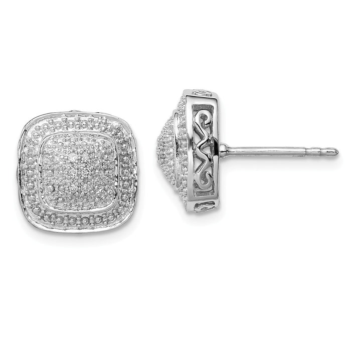 925 Sterling Silver Rhodium Polished Square Shape Diamond  Post Earrings, 12mm x 12mm