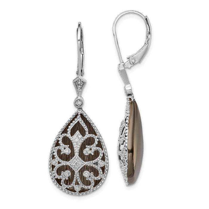 925 Sterling Silver Rhodium Diamond Filigree Teardrop Leverback Earrings, 41mm x 16mm