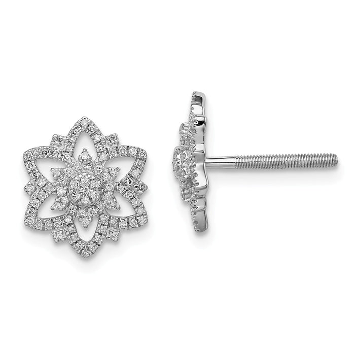 925 Sterling Silver Rhodium Diamond  Flower Screwback Post Earrings, 11mm x 10mm