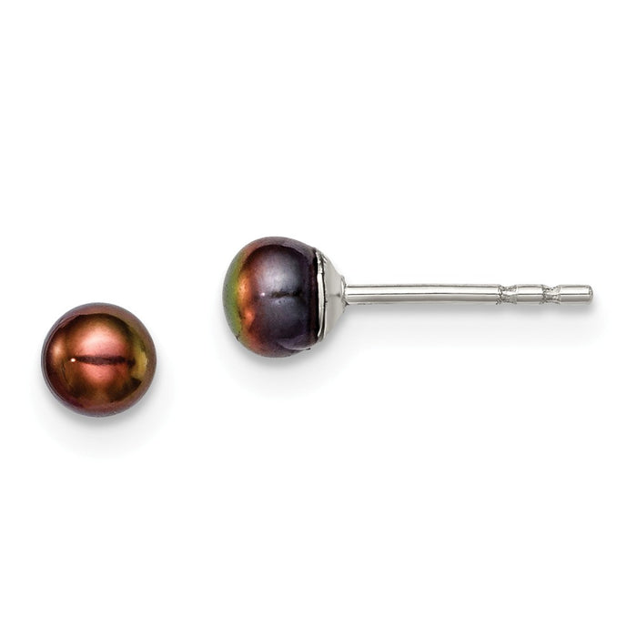 925 Sterling Silver Rh-plated 3-4mm Black Freshwater Cultured Button Pearl Stud Earring, 3 to 4mm x 3 to 4mm