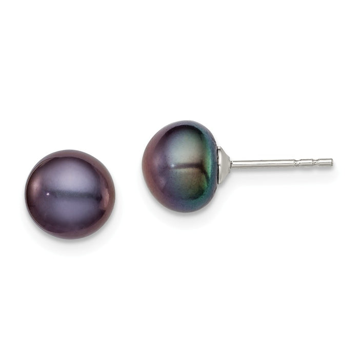 925 Sterling Silver Rh-plated 7-8mm Black Freshwater Cultured Button Pearl Stud Earring, 7 to 8mm x 7 to 8mm