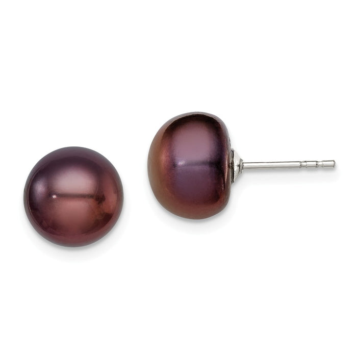 925 Sterling Silver Rh-plated 9-10mm Black Freshwater Cultured Button Pearl Stud Earrin, 9 to 10mm x 9 to 10mm