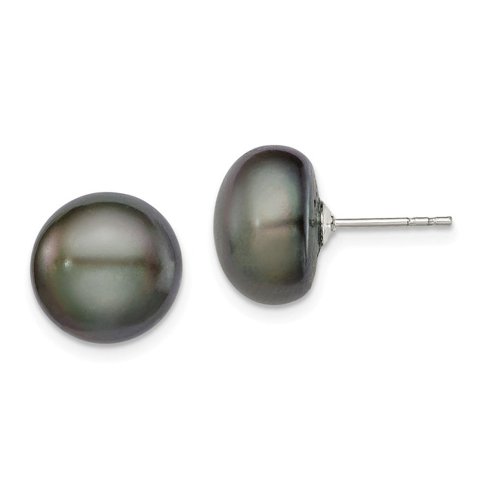 925 Sterling Silver Rh-plated 11-12mm Black Freshwater Cultured Button Pearl Stud Earrings, 11 to 12mm x 11 to 12mm