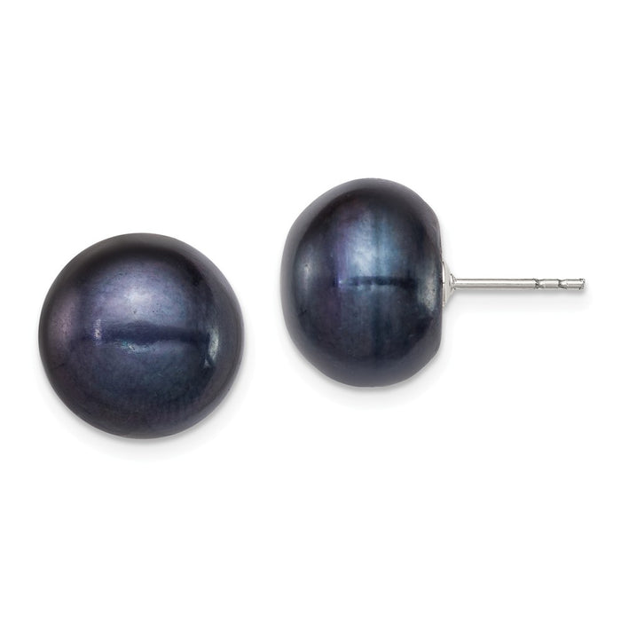 925 Sterling Silver Rh-plated 12-13mm Black Freshwater Cultured Button Pearl Stud Earrings, 12 to 13mm x 12 to 13mm