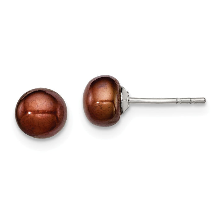 925 Sterling Silver Rh-plated 5-6mm Brown Freshwater Cultured Button Pearl Stud Earring, 5 to 6mm x 5 to 6mm