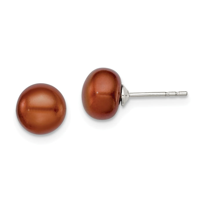 925 Sterling Silver Rh-plated 7-8mm Brown Freshwater Cultured Button Pearl Stud Earring, 7 to 8mm x 7 to 8mm