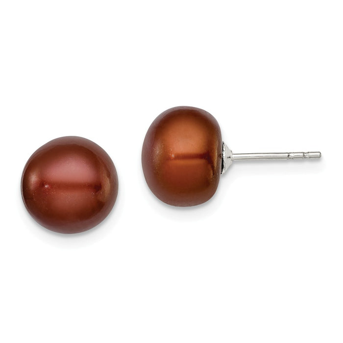 925 Sterling Silver Rh-plated 9-10mm Brown Freshwater Cultured Button Pearl Stud Earrin, 9 to 10mm x 9 to 10mm