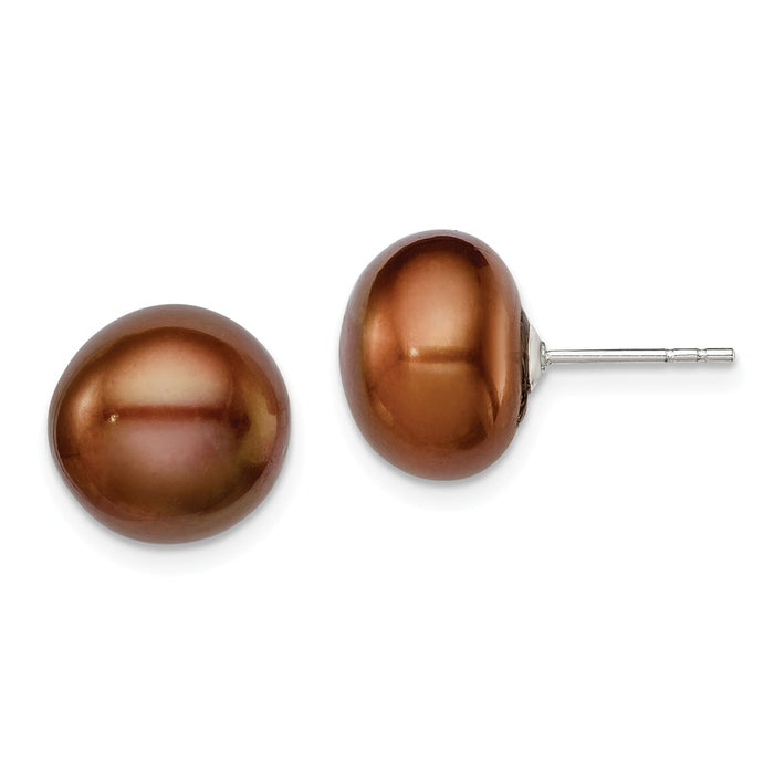 925 Sterling Silver Rh-plated 11-12mm Brown Freshwater Cultured Button Pearl Stud Earrings, 11 to 12mm x 11 to 12mm