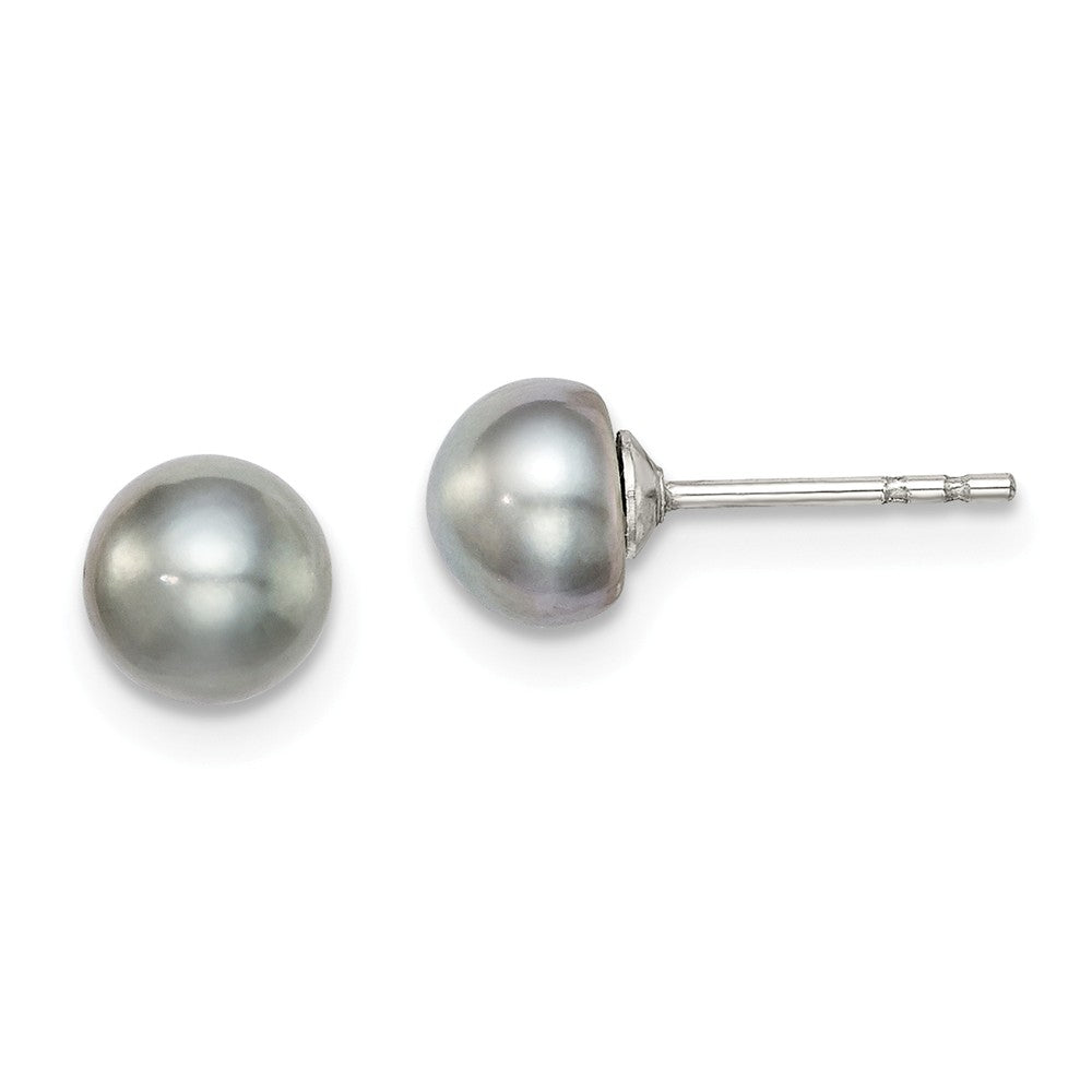 925 Sterling Silver Rh-plated 5-6mm Grey Freshwater Cultured Button Pearl Stud Earrings, 5 to 6mm x 5 to 6mm