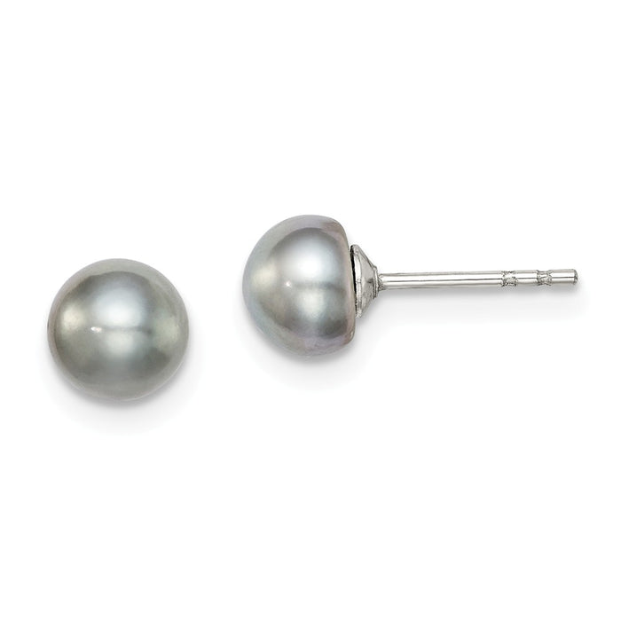 925 Sterling Silver Rh-plated 5-6mm Grey Freshwater Cultured Button Pearl Stud Earrings, 5 to 6mm x 5 to 6mm