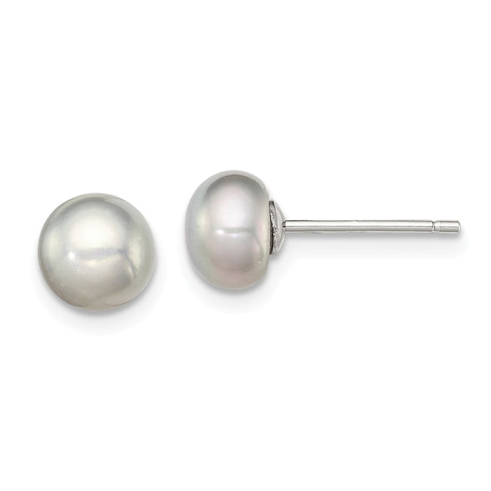 925 Sterling Silver Rh-plated 6-7mm Grey Freshwater Cultured Button Pearl Stud Earrings, 6 to 7mm x 6 to 7mm