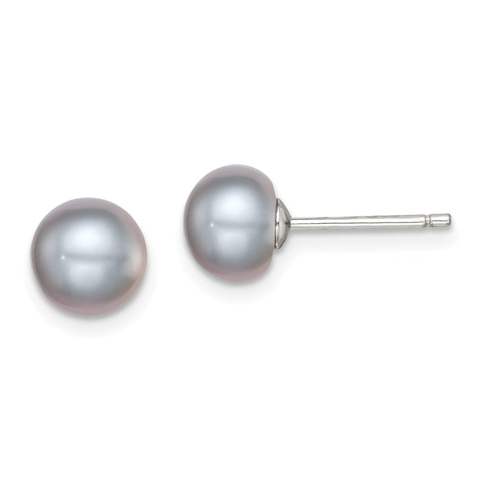 925 Sterling Silver Rh-plated 7-8mm Grey Freshwater Cultured Button Pearl Stud Earrings, 7 to 8mm x 7 to 8mm