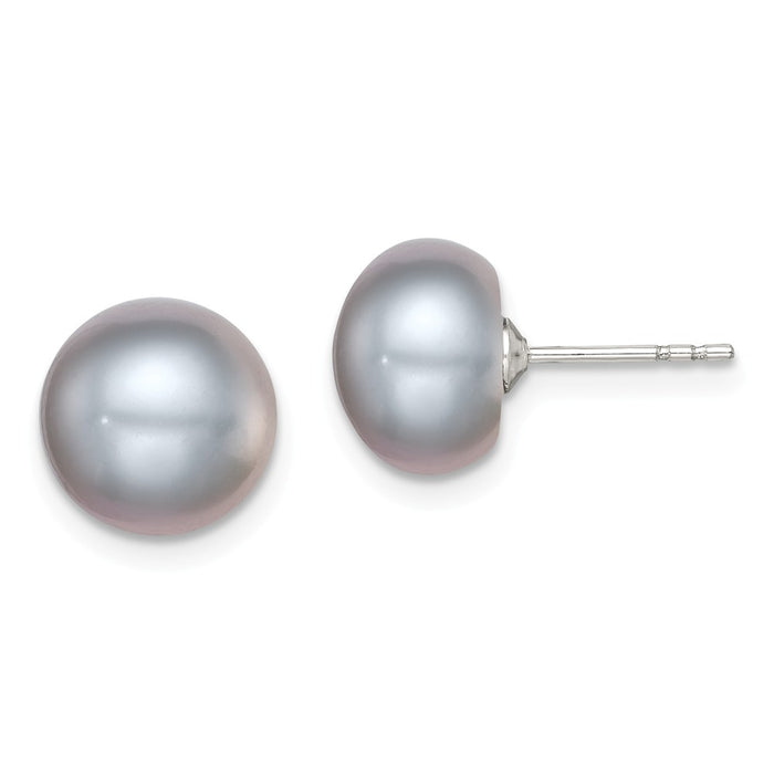 925 Sterling Silver Rh-plated 9-10mm Grey Freshwater Cultured Button Pearl Stud Earring, 9 to 10mm x 9 to 10mm