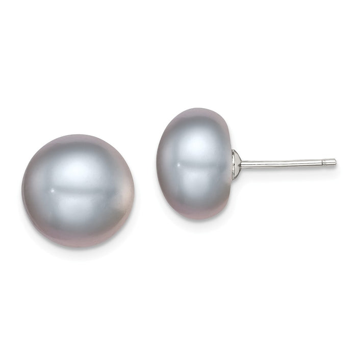 925 Sterling Silver Rh-plated 11-12mm Grey Freshwater Cultured Button Pearl Stud Earrin, 11 to 12mm x 11 to 12mm