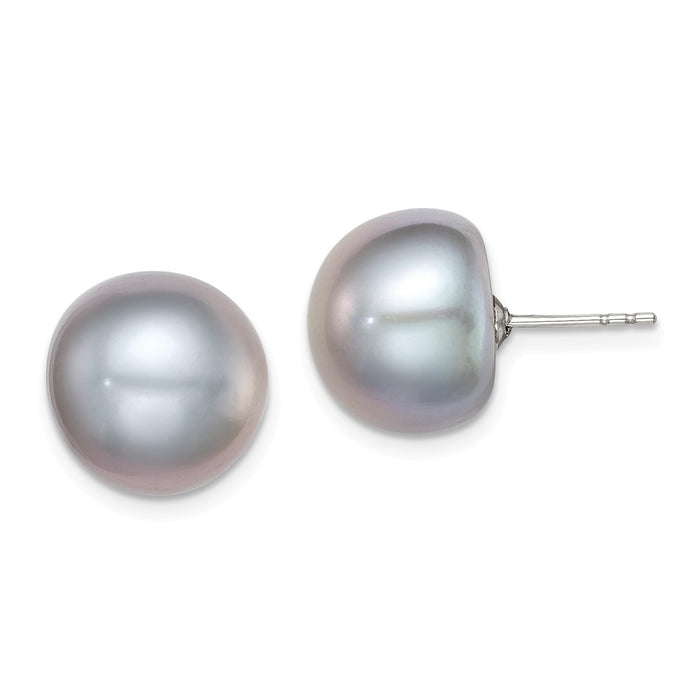 925 Sterling Silver Rh-plated 12-13mm Grey Freshwater Cultured Button Pearl Stud Earrin, 12 to 13mm x 12 to 13mm