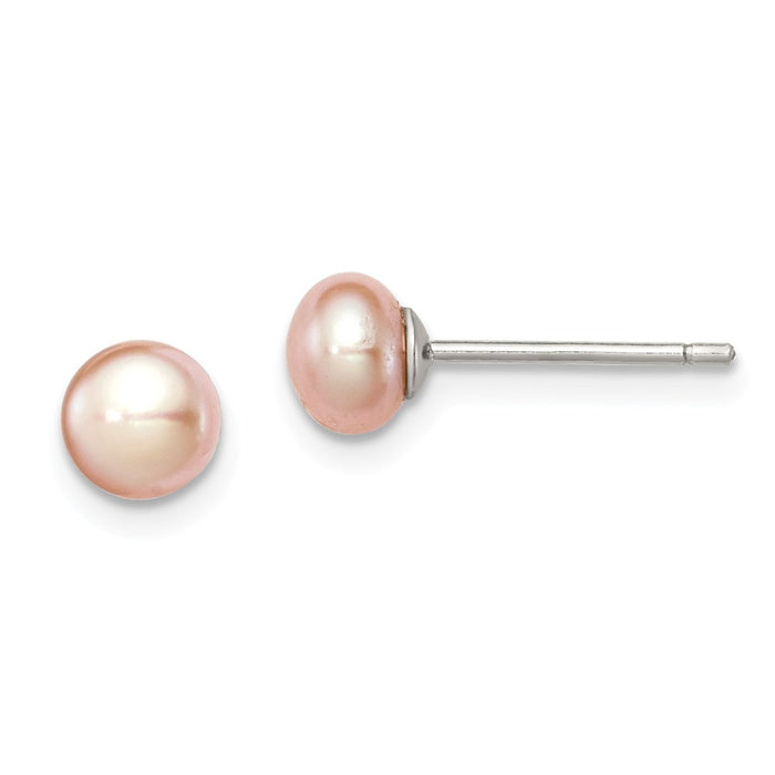 925 Sterling Silver Rh-plated 5-6mm Pink Freshwater Cultured Button Pearl Stud Earrings, 5 to 6mm x 5 to 6mm