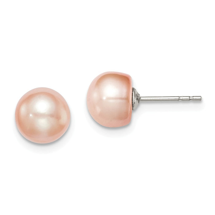 925 Sterling Silver Rh-plated 7-8mm Pink Freshwater Cultured Button Pearl Stud Earrings, 7 to 8mm x 7 to 8mm