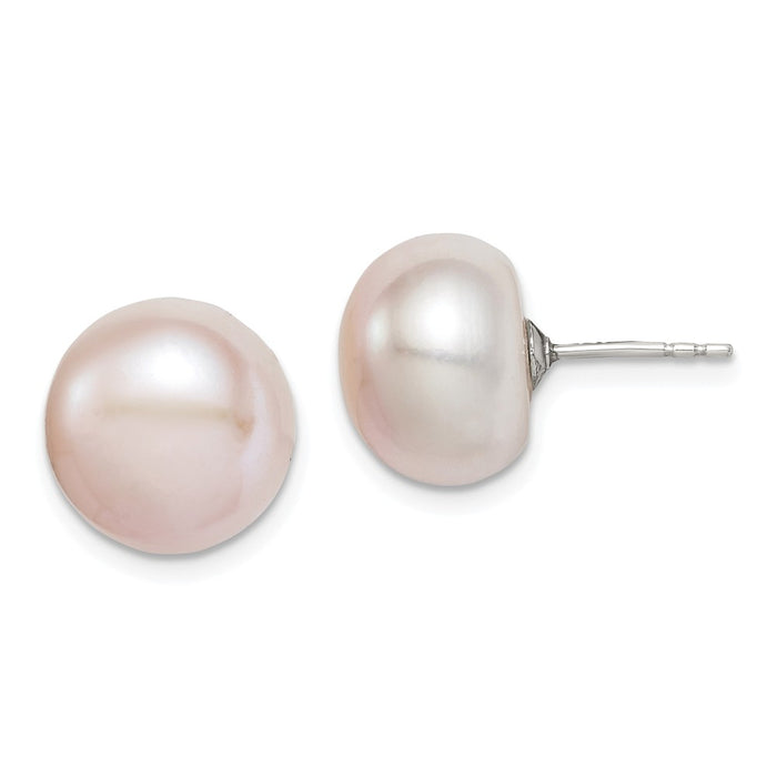 925 Sterling Silver Rh-plated 11-12mm Pink Freshwater Cultured Button Pearl Stud Earrin, 11 to 12mm x 11 to 12mm