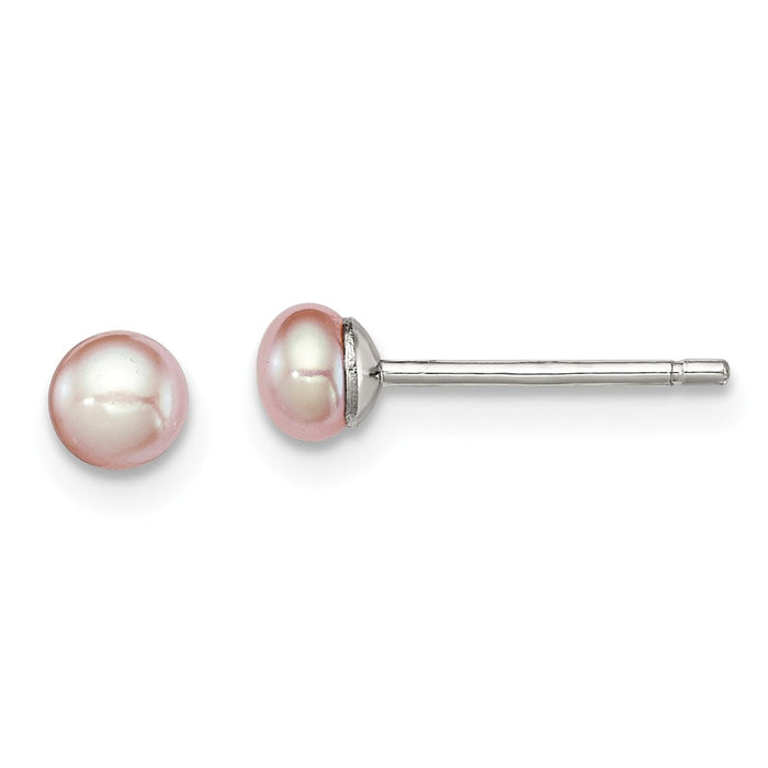 925 Sterling Silver Rh-plated 3-4mm Purple Freshwater Cultured Button Pearl Stud Earrin, 3 to 4mm x 3 to 4mm