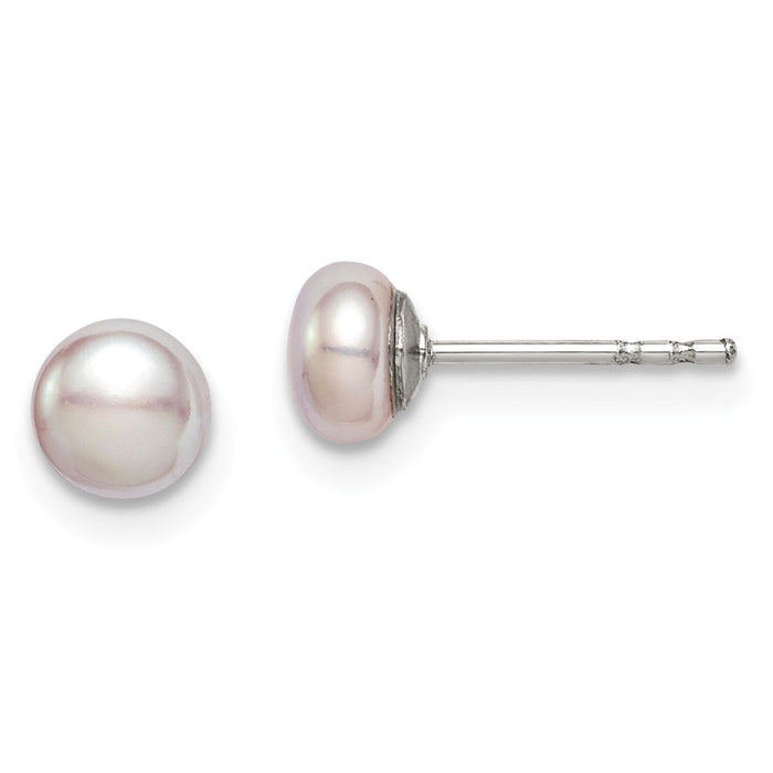 925 Sterling Silver Rh-plated 4-5mm Purple Freshwater Cultured Button Pearl Stud Earrin, 4 to 5mm x 4 to 5mm