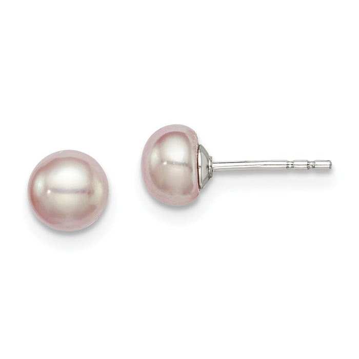 925 Sterling Silver Rh-plated 5-6mm Purple Freshwater Cultured Button Pearl Stud Earrin, 5 to 6mm x 5 to 6mm