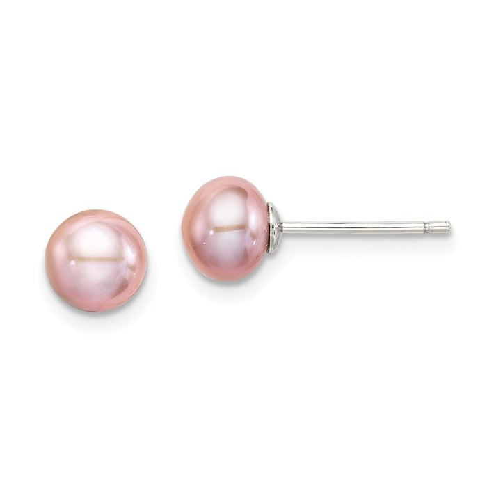 925 Sterling Silver Rh-plated 6-7mm Purple Freshwater Cultured Button Pearl Stud Earrin, 6 to 7mm x 6 to 7mm