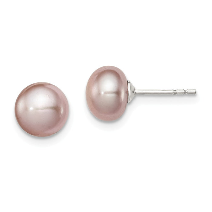 925 Sterling Silver Rh-plated 7-8mm Purple Freshwater Cultured Button Pearl Stud Earrin, 7 to 8mm x 7 to 8mm