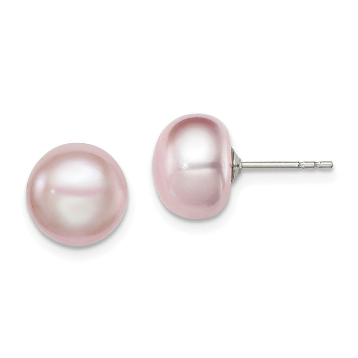 925 Sterling Silver Rh-plated 9-10mm Purple Freshwater Cultured Button Pearl Stud Earri, 9 to 10mm x 9 to 10mm