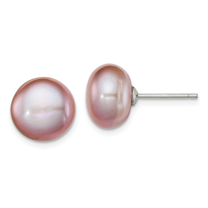 925 Sterling Silver Rh-plated 10-11mm Purple Freshwater Cultured Button Pearl Stud Earrings, 10 to 11mm x 10 to 11mm