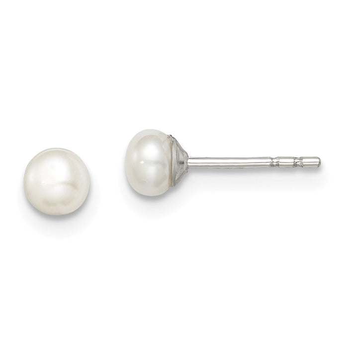 925 Sterling Silver Rh-plated 3-4mm White Freshwater Cultured Button Pearl Stud Earring, 3 to 4mm x 3 to 4mm