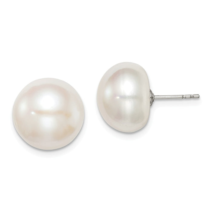925 Sterling Silver Rh-plated 12-13mm White Freshwater Cultured Button Pearl Stud Earrings, 12 to 13mm x 12 to 13mm