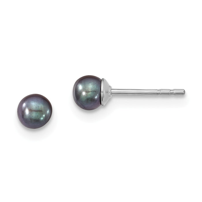 925 Sterling Silver 3-4mm Rhodium-Plated Black Freshwater Cultured Round Pearl Stud Earrings, 3 to 4mm x 3 to 4mm