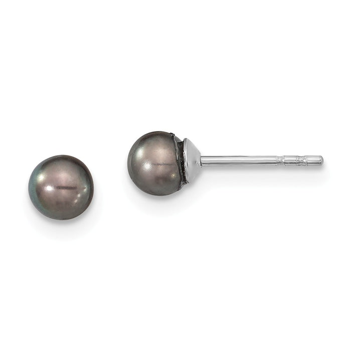 925 Sterling Silver 4-5mm Rhodium-Plated Black Freshwater Cultured Round Pearl Stud Earrings, 4 to 5mm x 4 to 5mm