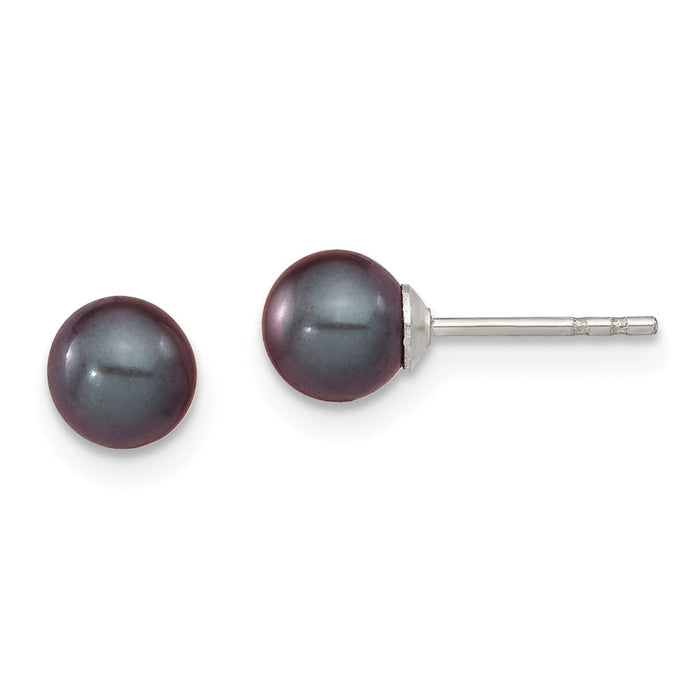 925 Sterling Silver Rh-plated 5-6mm Black Freshwater Cultured Round Pearl Stud Earrings, 5 to 6mm x 5 to 6mm