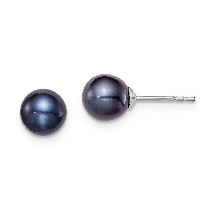 925 Sterling Silver Rh-plated 6-7mm Black Freshwater Cultured Round Pearl Stud Earrings, 6 to 7mm x 6 to 7mm